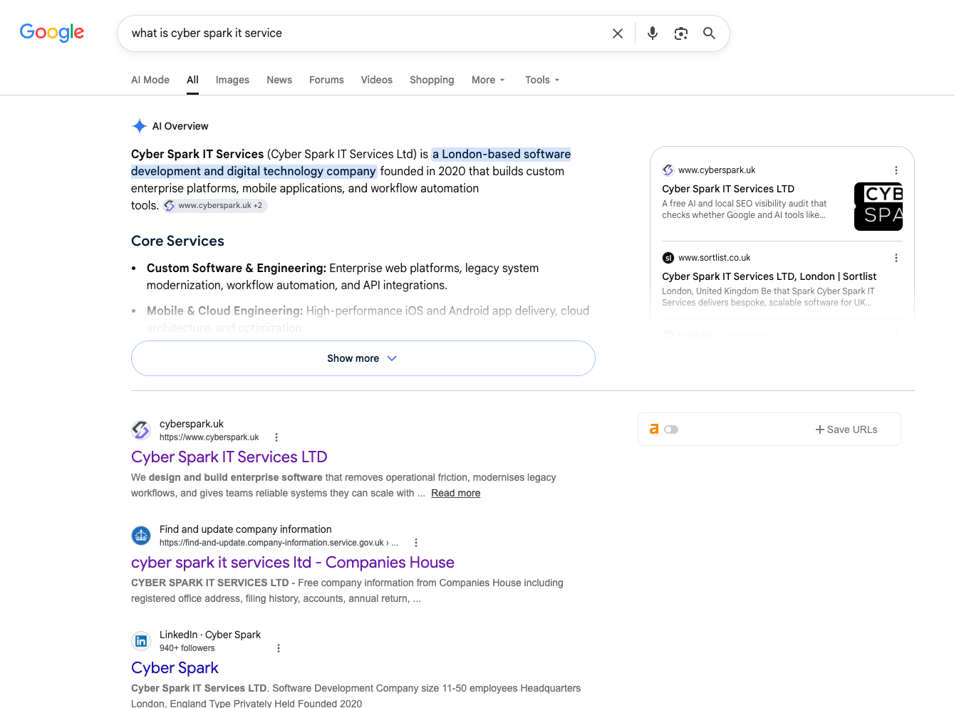 A Google AI Overview describing Cyber Spark IT Services, with a Sources panel on the right citing cyberspark.uk and sortlist.co.uk